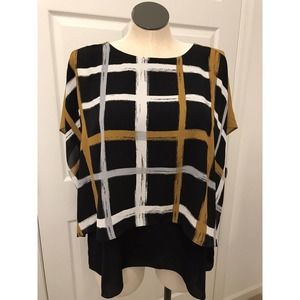 Alfani Black & Gold Printed Top, Sheer Layered-Look Blouse 16W